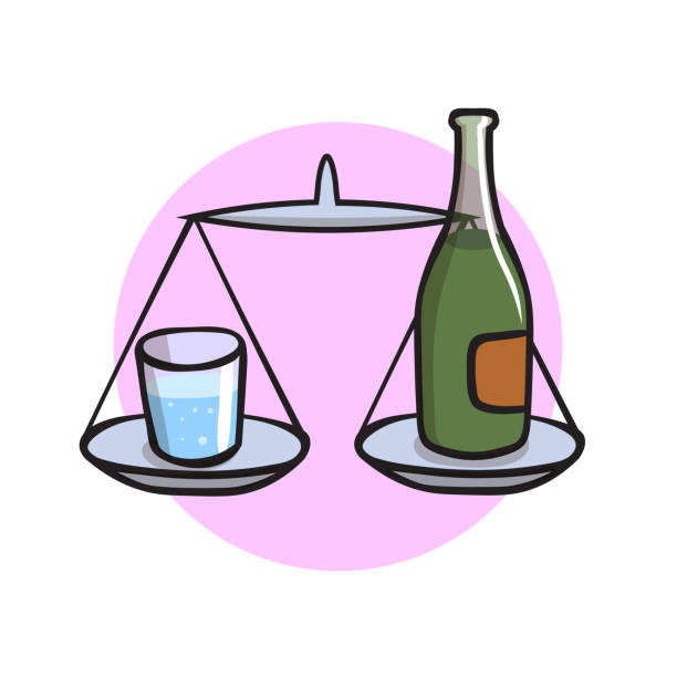 istockphoto-1059104628-612×612 Glass of water and bottle of alcohol on scales. Cartoon design icon. Colorful flat vector illustration. Isolated on white background.